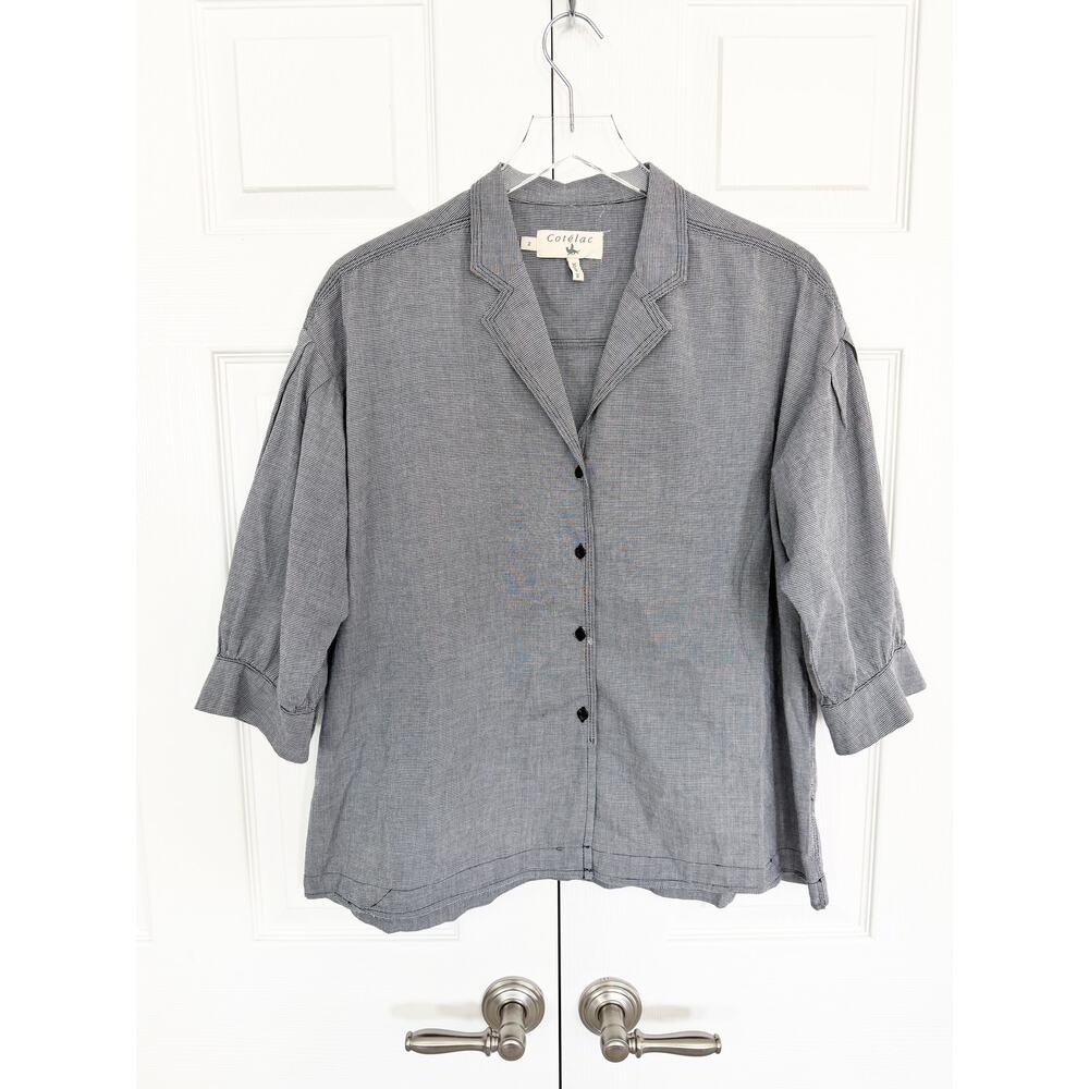 Cotelac Micro Houndstooth Oversized Button Front Blouse Top Black White